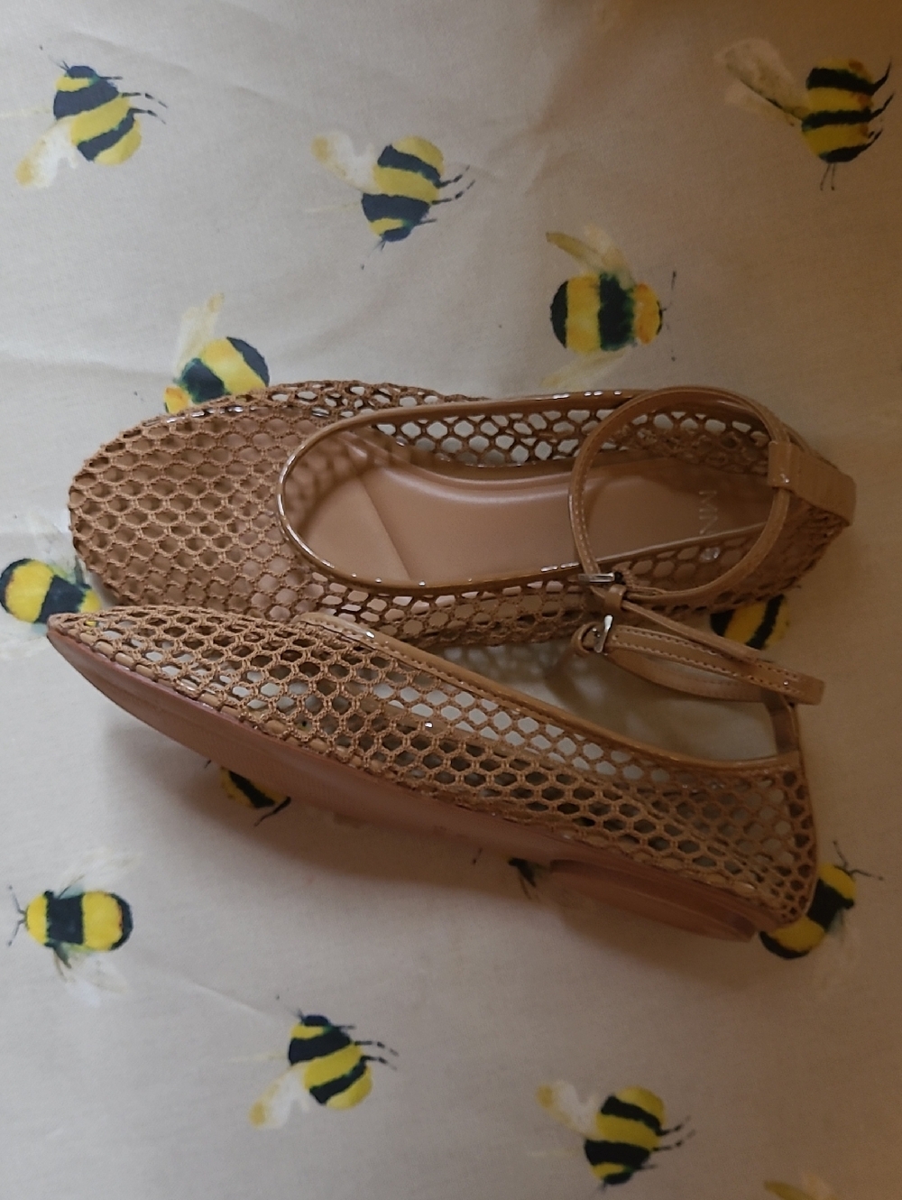 Mango Tan Fishnet Ballet Flats with Ankle Strap, 38/7.5 - Picture 7 of 8